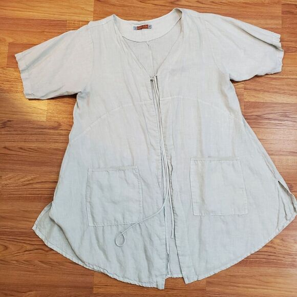 Blue Fish Size 1 Linen tie Front Tunic 5306 Contrast Cardi Dew-P Hand Printed - Picture 14 of 16